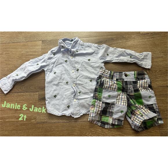 Janie and Jack Palm Tree Shirt Shorts Set 2T EUC Roll Sleeves Patchwork - Picture 1 of 4